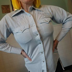 Vintage 70's Western Cowboy Pastel Blue Pearl Snap Men's Button Up Shirt